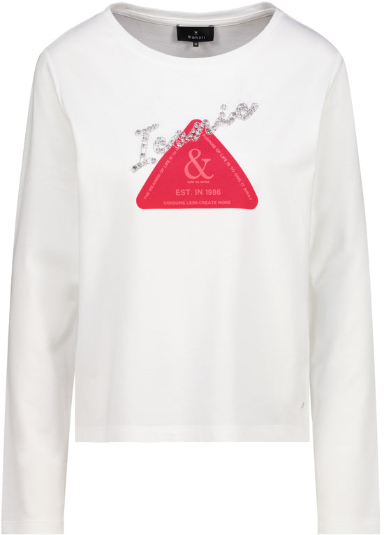 Monari Damen Langarmshirt mit Emblem – offwhite