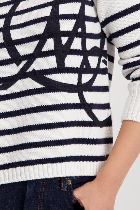 Monari Damen Strickpullover mit Emblem – offwhite ringel