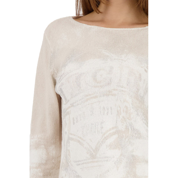 Monari Damen Strickpullover mit allover Druck – champagne beige gemustert