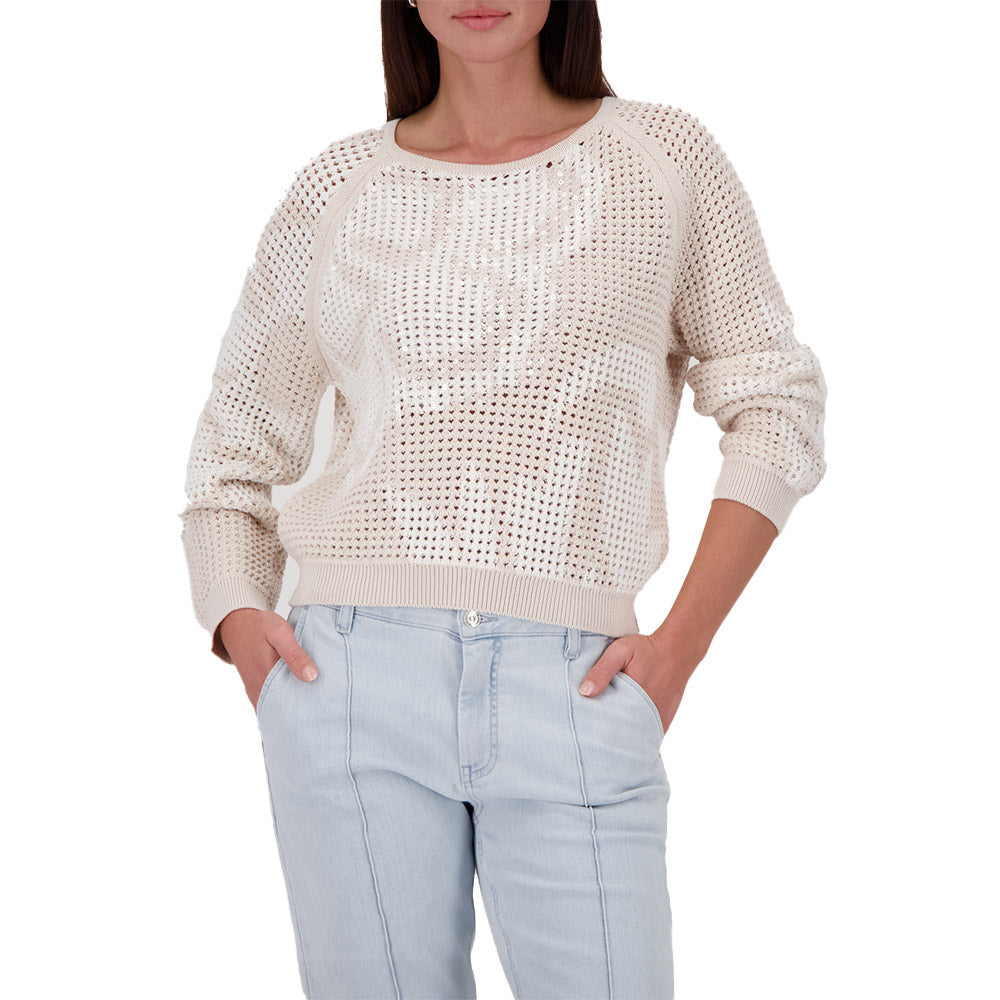 Monari Damen Pullover Ajour-Muster - champagne beige gemustert