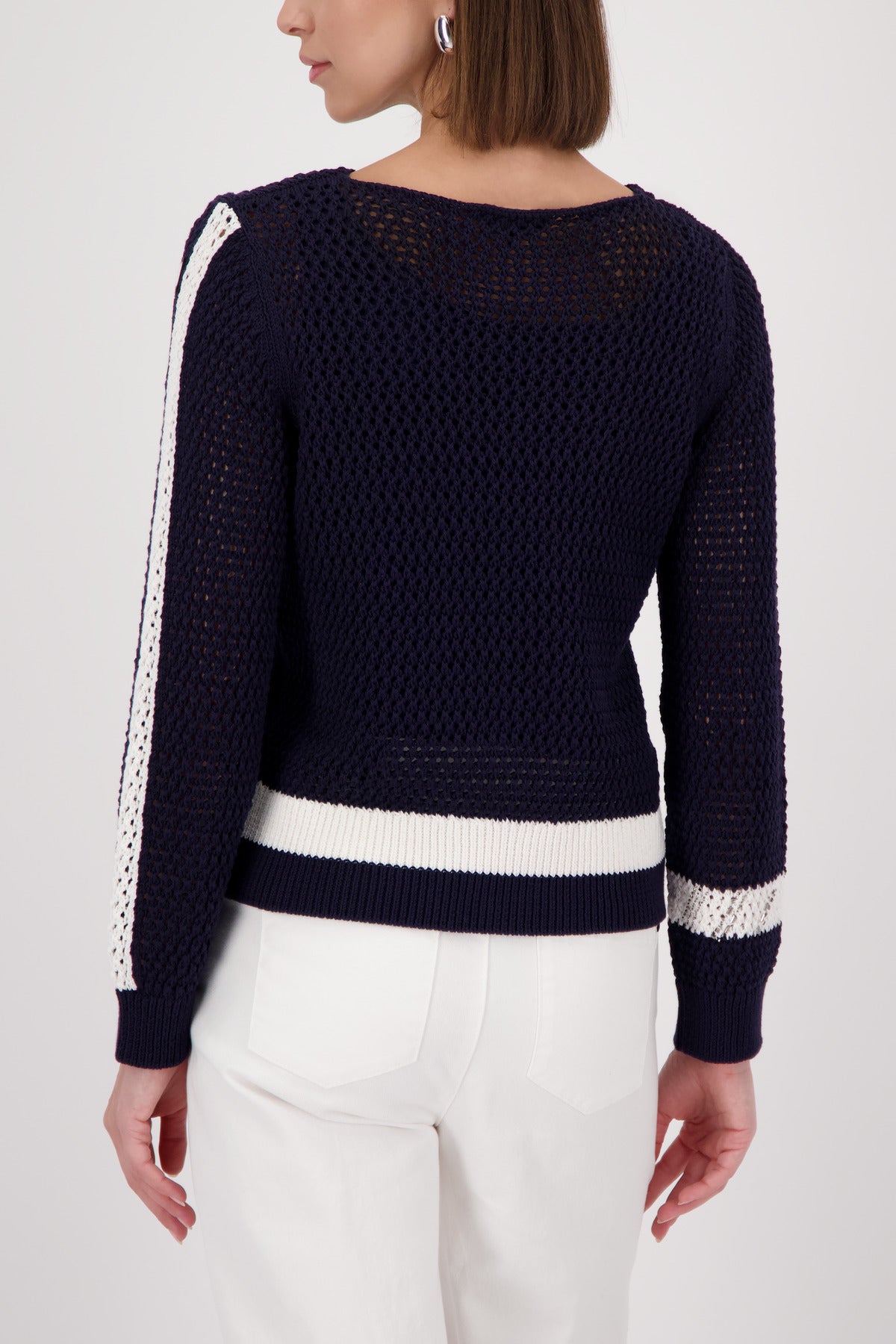 Monari Damen Pullover Ajour Strickpullover mit Colorblock 410291 – marine