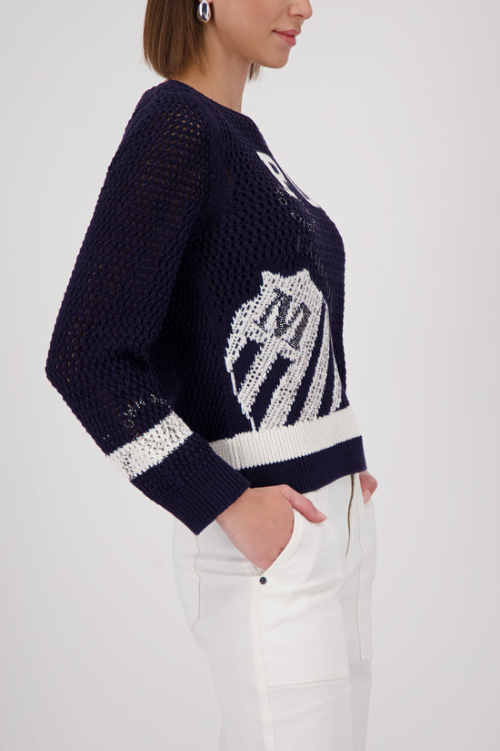 Monari Damen Pullover Ajour Strickpullover mit Colorblock 410291 – marine