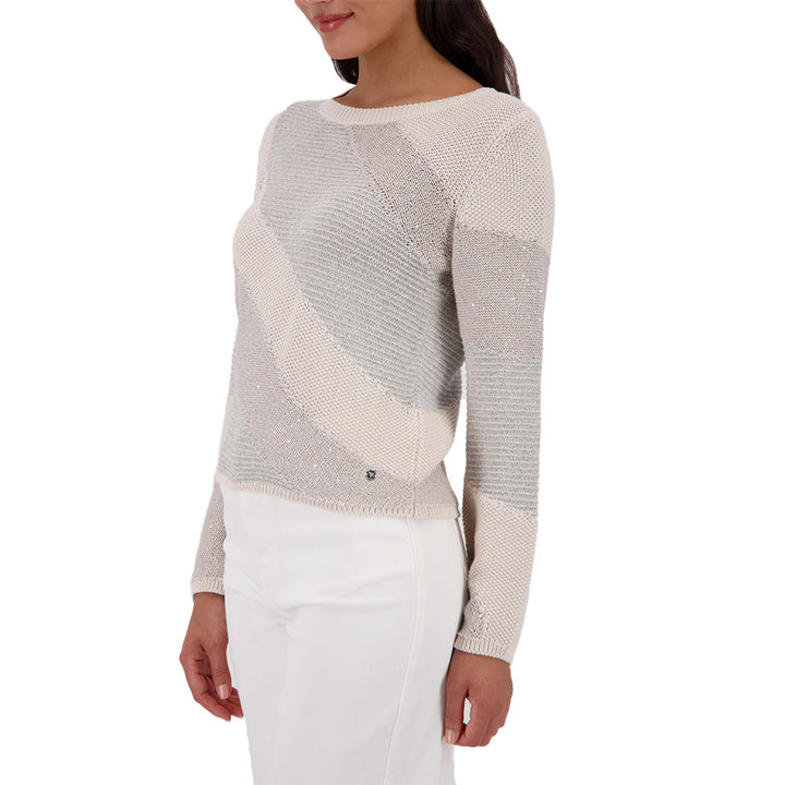 Monari Damen Strickpullover mit Materialmix – champagne beige