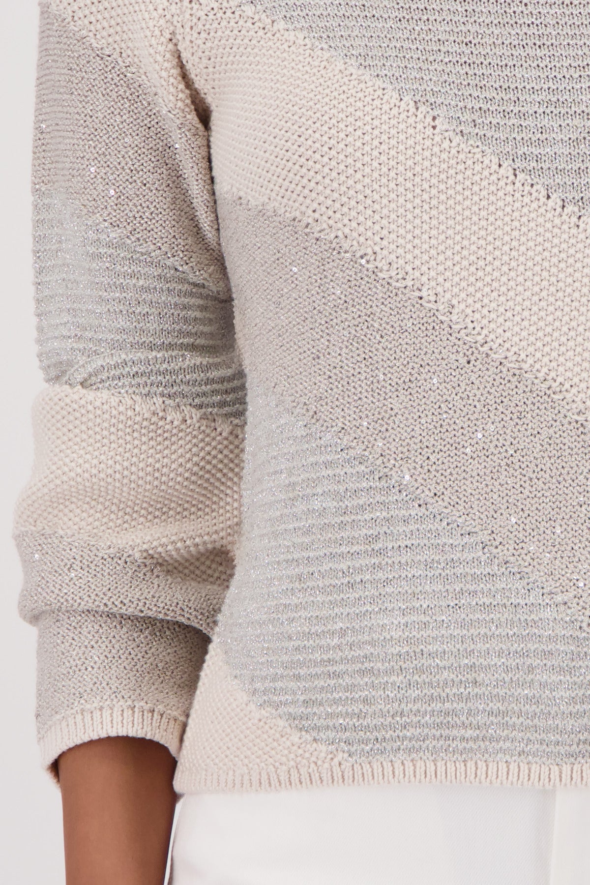 Monari Damen Strickpullover mit Materialmix – champagne beige