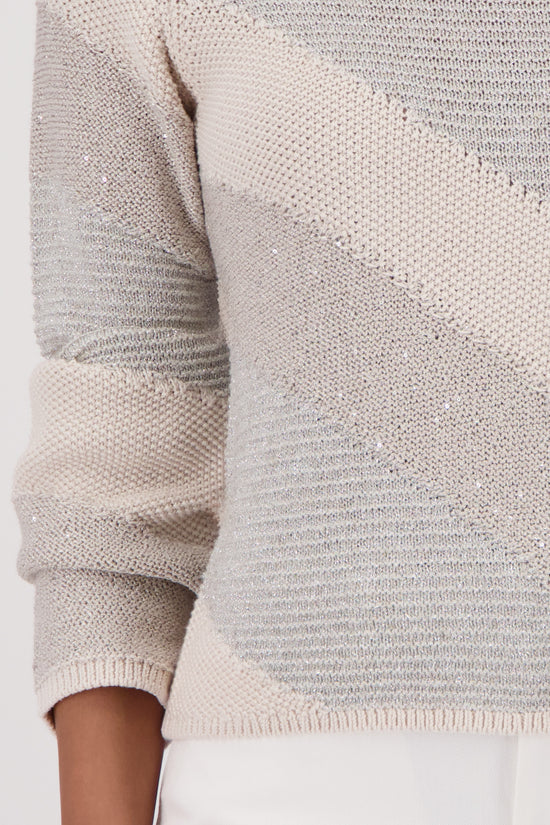 Monari Damen Strickpullover mit Materialmix – champagne beige