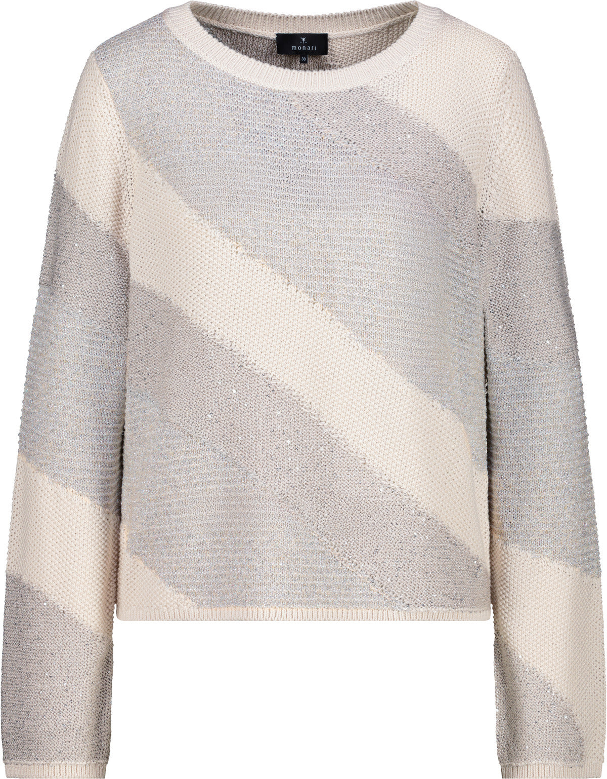 Monari Damen Strickpullover mit Materialmix – champagne beige