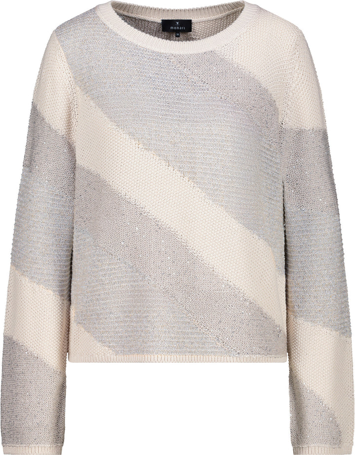 Monari Damen Strickpullover mit Materialmix – champagne beige