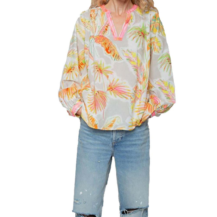 Emily van den Bergh Damen Shirtbluse taupe multi leaves