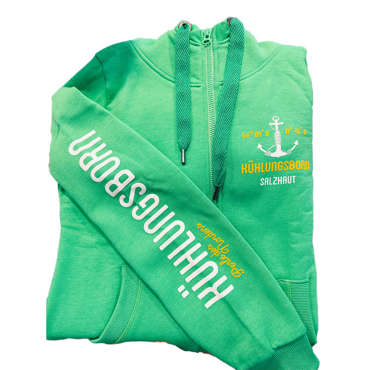 Salzhaut Damen Kapuzen-Sweatjacke Sööte "Kühlungsborn"-Print: white-neon orange