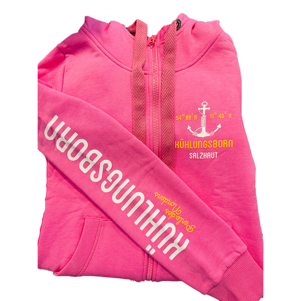 Salzhaut Damen Kapuzen-Sweatjacke Sööte "Kühlungsborn"-Print: white-neon orange