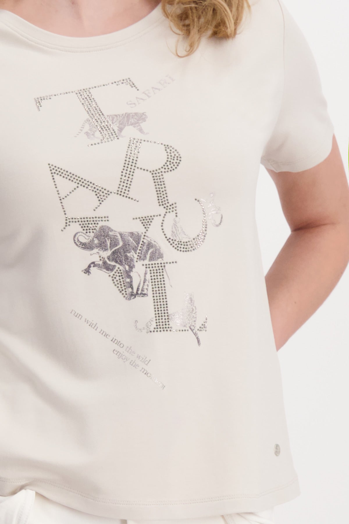 Monari Damen T-Shirt  mit Glanz-Print und Strass Schrift