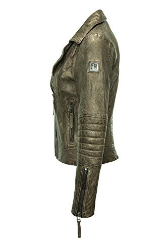 Freaky Nation Damen Bikerjacke Lederjacke ( Metallic Olive)