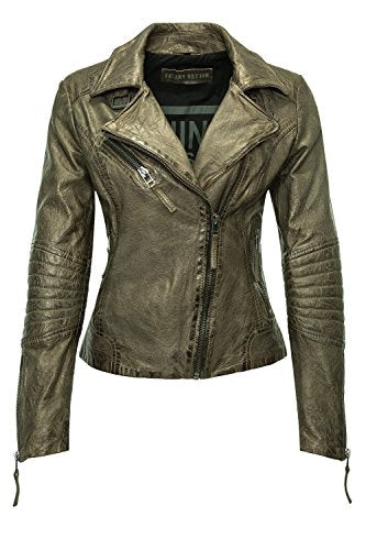 Freaky Nation Damen Bikerjacke Lederjacke ( Metallic Olive)