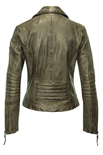 Freaky Nation Damen Bikerjacke Lederjacke ( Metallic Olive)